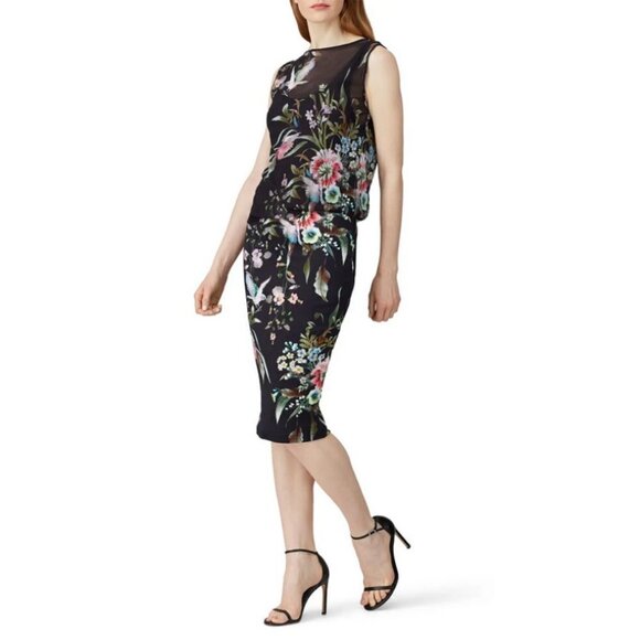 💕FUZZI💕 Navy Floral Sheath Dress 100% Viscose Crepe Large - Picture 3 of 16